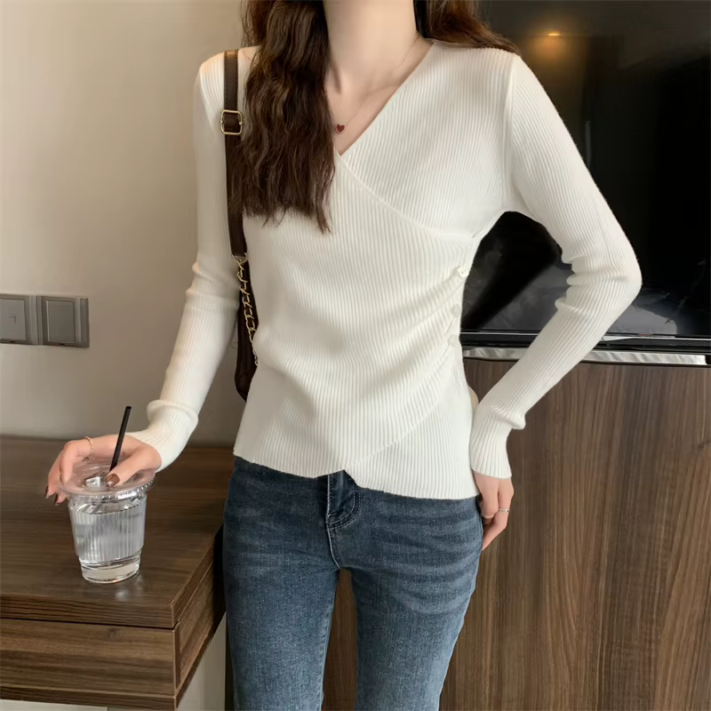 Surplice pull pour femmes pulls en tricot côtelé col en v à manches longues bouton côté plaine