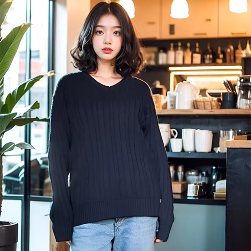 Pull en tricot Brandy Mandy col V pour femme, bleu marine, acrylique-coton, pour les occasions spéciales et le quotidien