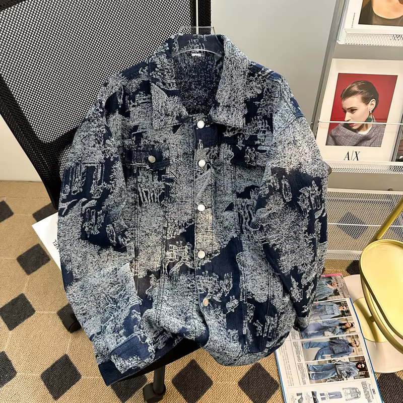 Veste en jean brodée de style punk pour hommes, veste en jean jacquard, vêtements d'automne et d'hiver, style européen, coupe décontractée