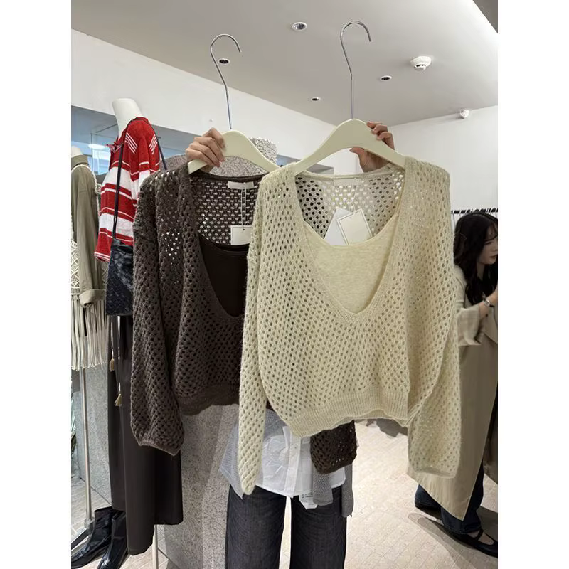Pulls coréens 2 pièces ensembles évider tricot Pull coupe ajustée fronde gilet costume Sueter Mujer décontracté mode