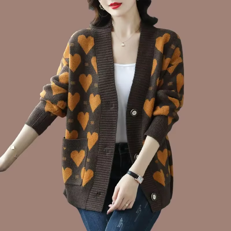Cardigan femme hiver 2025 vintage patchwork col en V coupe ample polyester acétate automne noir bleu ciel vert armée occassions spéciales