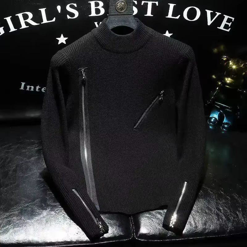 Pull à manches longues pour hommes, couleur unie, fermeture éclair, tendance, décontracté, polyvalent, col haut, haut tricoté, nouvelle collection automne hiver