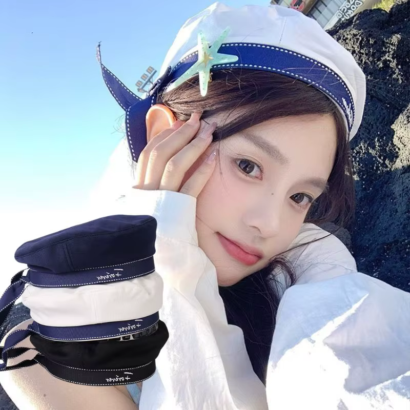 Chapeau de marin style japonais, béret mignon, léger pour l'été, noir et blanc, casquette uniforme preppy, accessoire de chapeau uniforme
