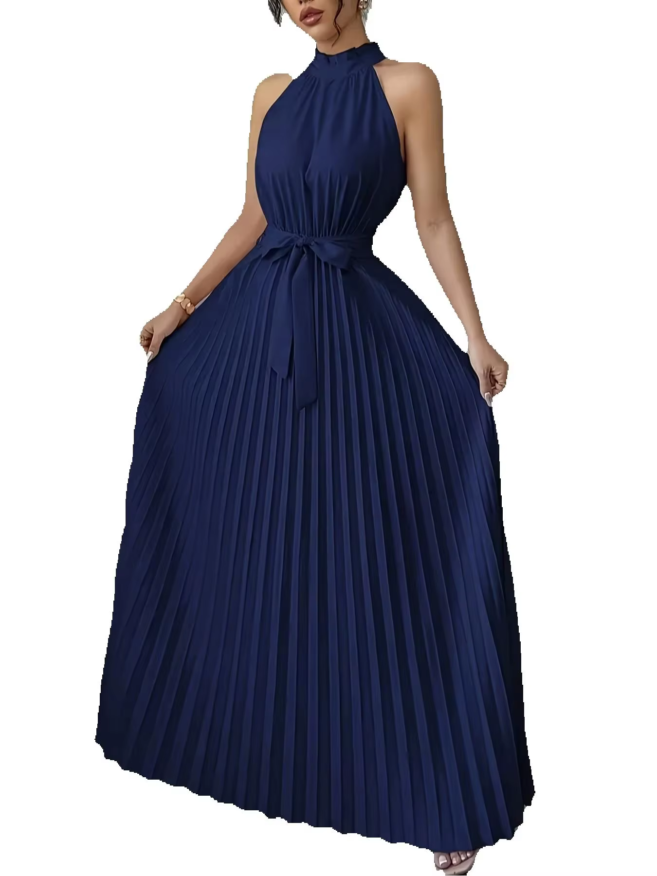 Robe élégante à col halter et épaules dénudées pour femme, mode estivale, longue et ample, effet froissé, avec ceinture à nouer à la taille