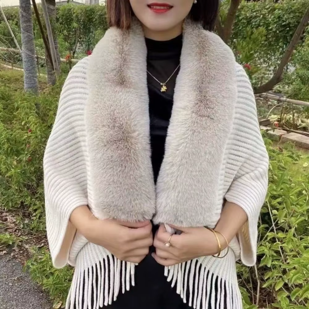 Robes de soirée pour femmes Cardigan Cape hiver chaud tricot châle fausse fourrure col enveloppes