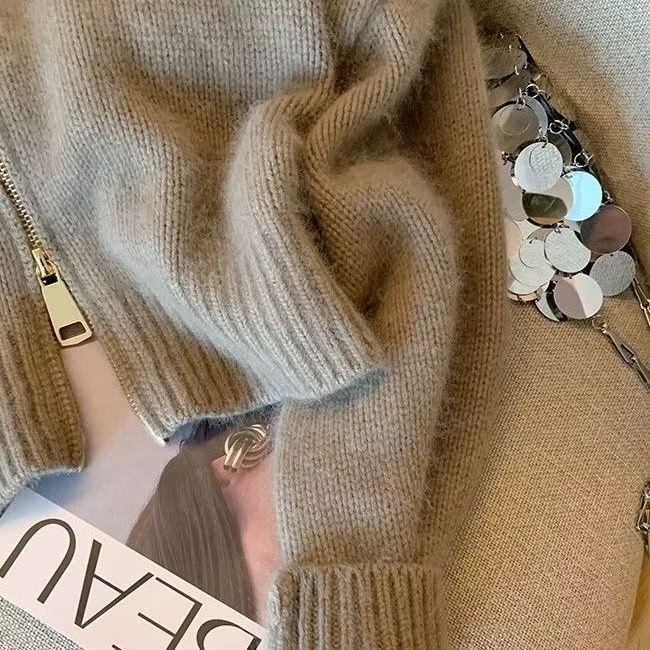 Patchwork fermeture éclair recadrée Chic Cardigan femmes épais automne tricoté pull Bomber veste Vintage années 2000 court ajusté manteau en tricot