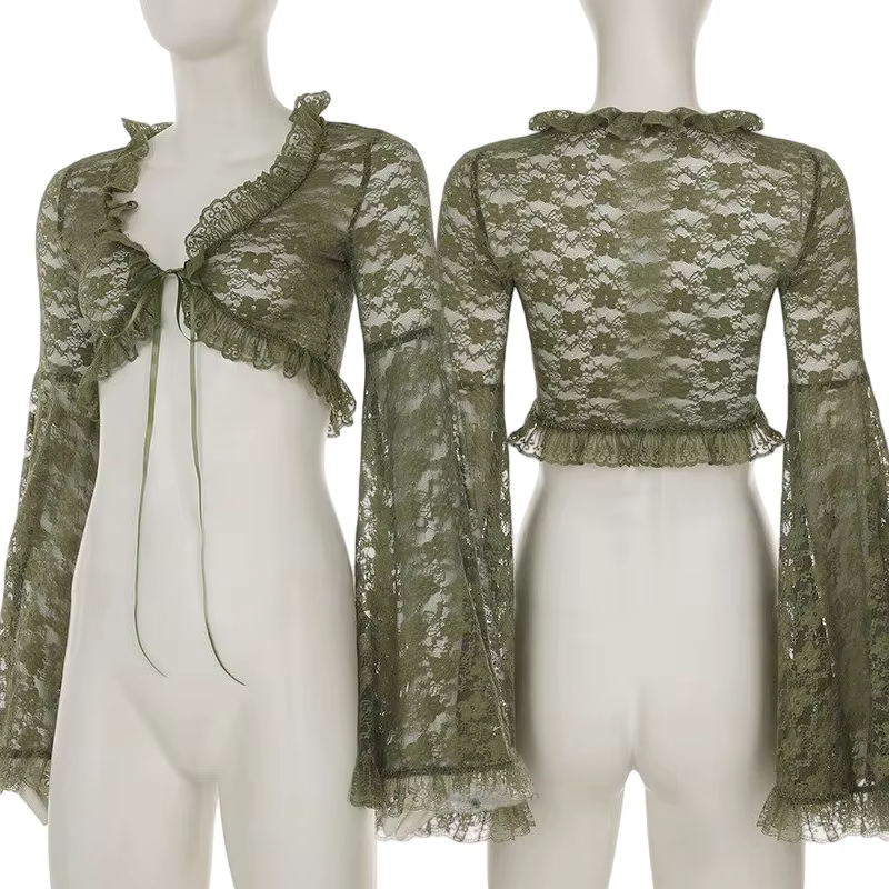 Cardigan vert en dentelle à nouer pour femme