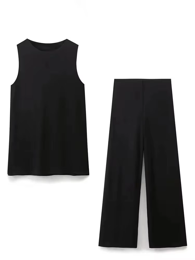 HH 2025 été femmes gilet pantalon ensembles col rond sans manches T-Shirt taille élastique pantalon ample décontracté femme Vintage solide costume