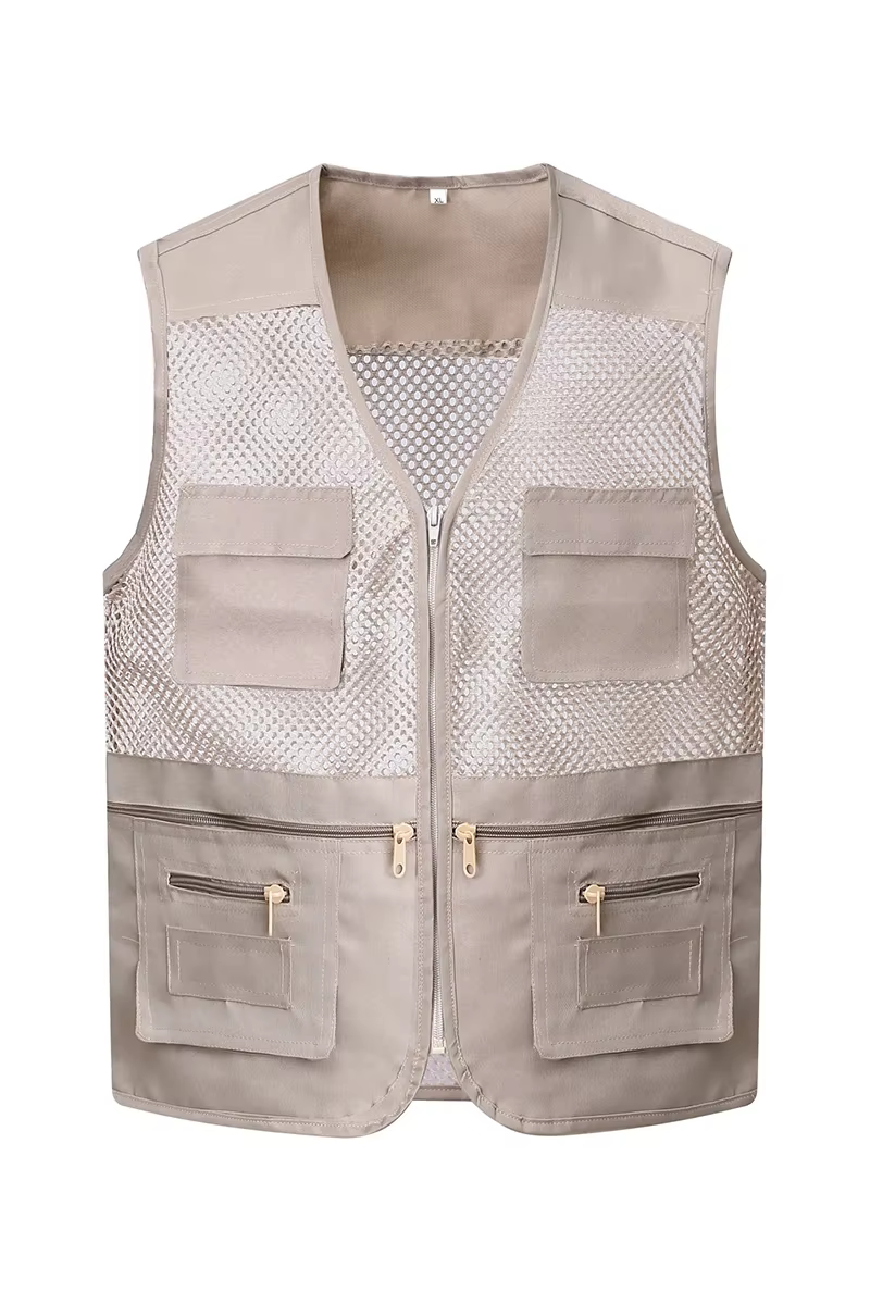 Gilet de travail tendance pour homme, couleur unie, multi-poches, en maille respirante, décontracté, pour le printemps et l'été, pêche et randonnée en extérieur