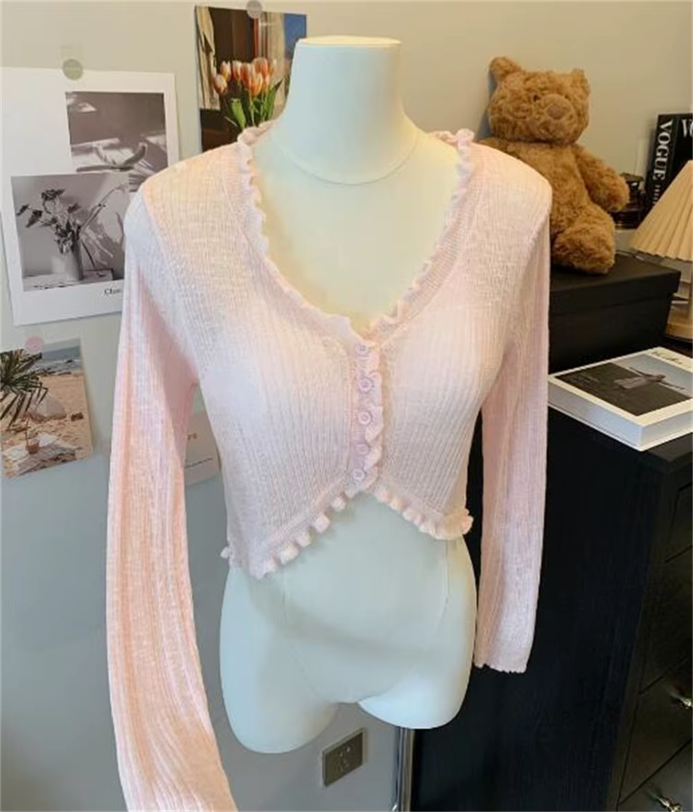 2025 pull été rose Cardigan mode coréenne dentelle bouton à manches longues haut court femmes