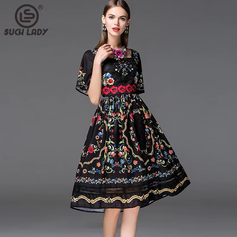Robes de piste élégantes pour femmes, encolure carrée, manches courtes, imprimé Floral, broderie, High Street