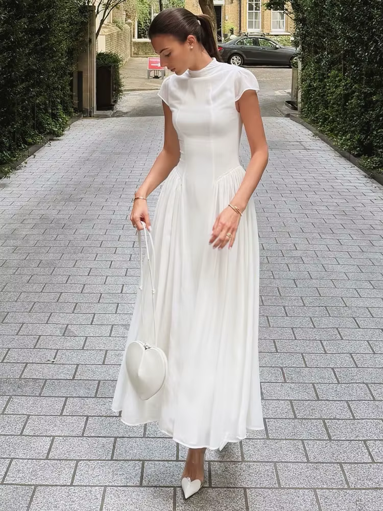 Robe longue moulante à col semi-montant pour femme, couleur unie, manches courtes, taille cintrée, coupe trapèze, élégante, nouvelle collection