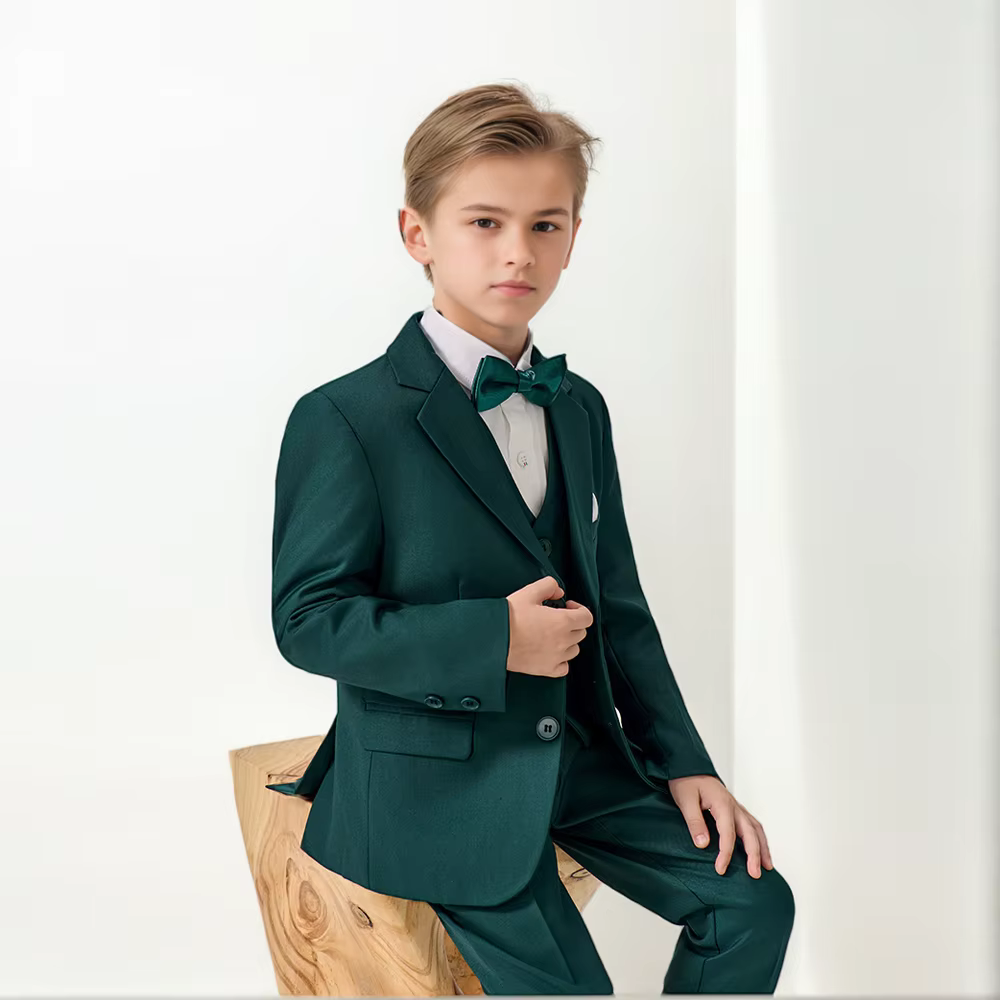 Ensemble de Costume vert haut de gamme pour garçons, Costume de photographie de mariage et d'anniversaire pour enfants, Blazer, gilet, pantalon, tenue avec nœud papillon