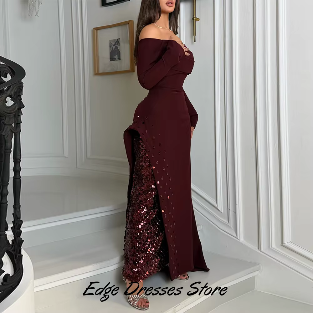 Robe de soirée rêveuse à col bateau et manches longues, scintillante, personnalisée, à sequins, robe de bal de promo, robe sirène classique en jersey, robes de célébrités