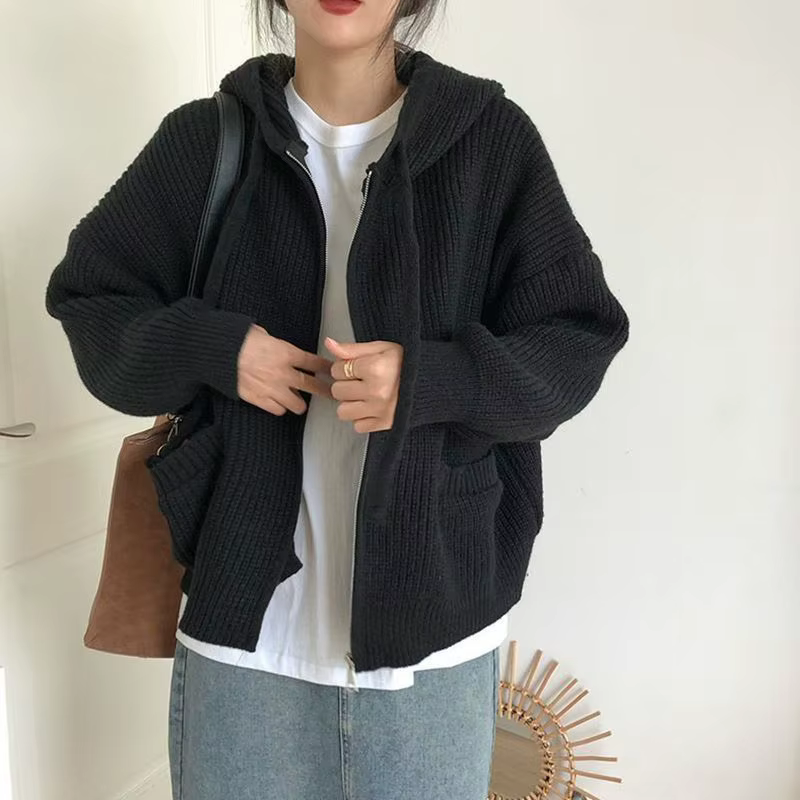 Pullover-Cardigan Epais et Chaud pour Femme Manteau Vintage a Capuche Avec Poches et Fermeture Eclair Collection Automne Hiver Occasions Speciales