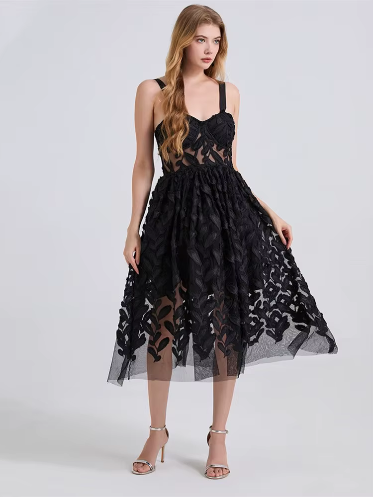 Sans manches sangle dentelle maille Vintage floral nouveau dans les robes pour les femmes décontracté longue robe d'été vêtements élégants 2025