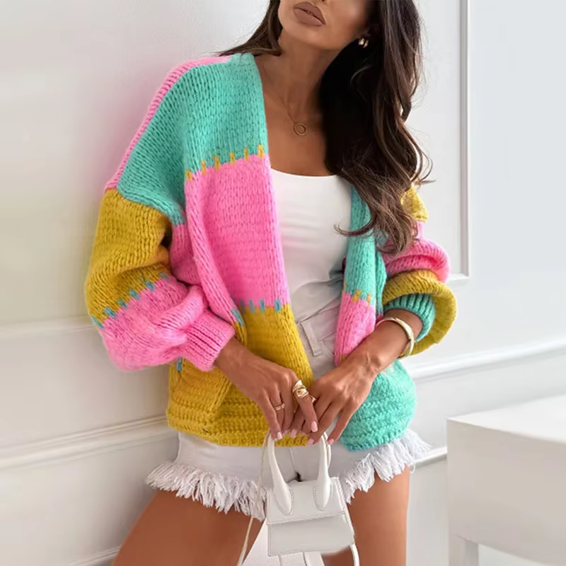 Femmes chandails Cardigan automne hiver femme à manches longues tricoté hauts dames mode Patchwork vêtements d'extérieur décontracté tricots amples