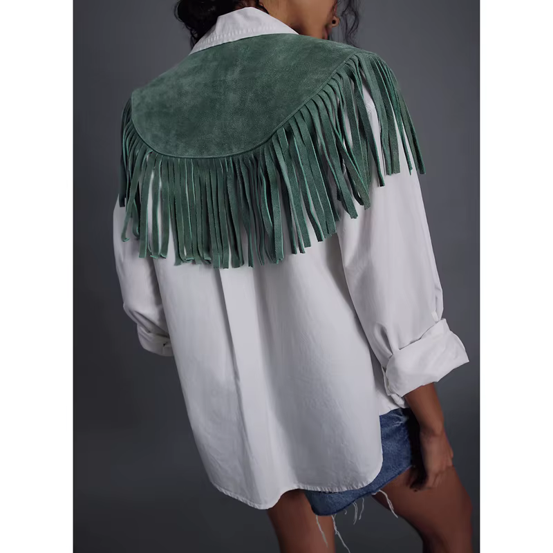 Gilet en daim vintage Y2K pour femme, style hippie années 70, sans manches, ouvert sur le devant, avec franges et patchwork, col à franges