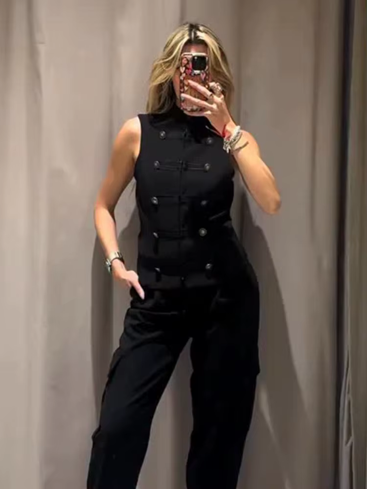Gilet Femme Élégant et Polyvalent à Col Montant et Boucle en Corde