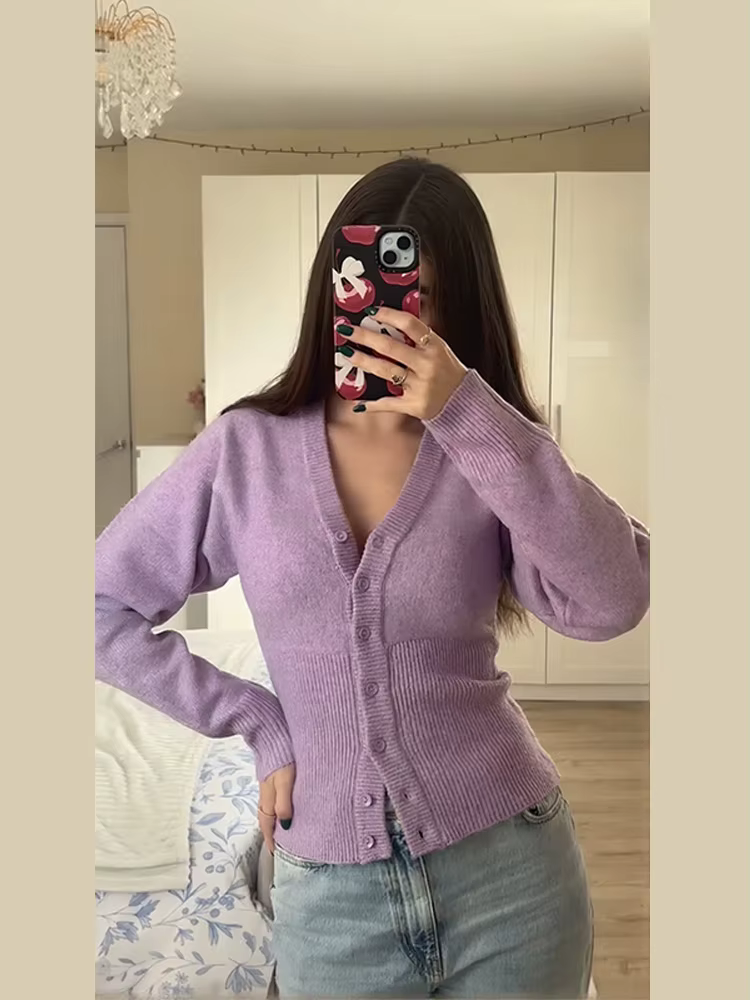 Mode col en v tricoté Cardigan femme solide simple boutonnage à manches longues mince à volants pull tricots dame Chic décontracté nouveau Cardigan