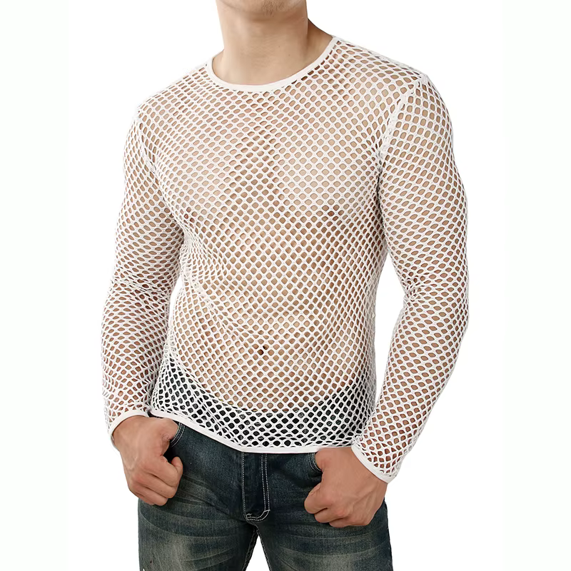 Hommes Transparent Sexy maille t-shirt nouveau voir à travers résille à manches longues Muscle sous-vêtements discothèque fête effectuer top t-shirts