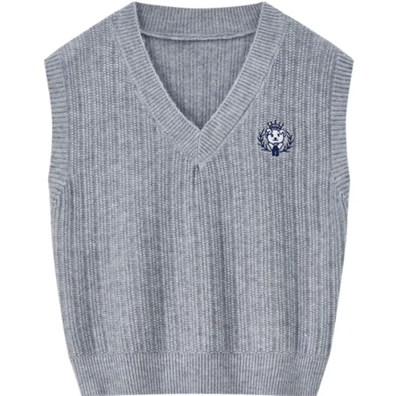 Gilet tricoté femme SENTUBILA Automne 2026 style universitaire col en V couleur contrastante pull brodé ours sans manches W53JB3404