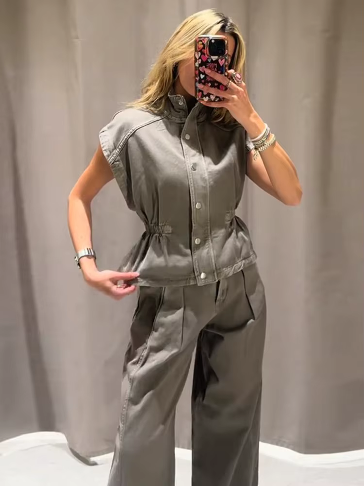 Ensembles de pantalons pour femmes en denim, avec gilet sans manches à col roulé et pantalon large taille haute, tenues chics pour femme, nouveauté pour les soirées