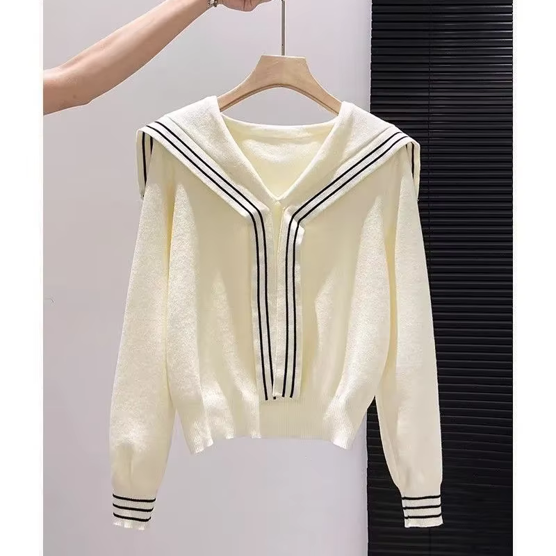 Pull tricoté bleu marine pour femme, coupe ample, style décontracté, col de marin, polyester, automne, occasions spéciales