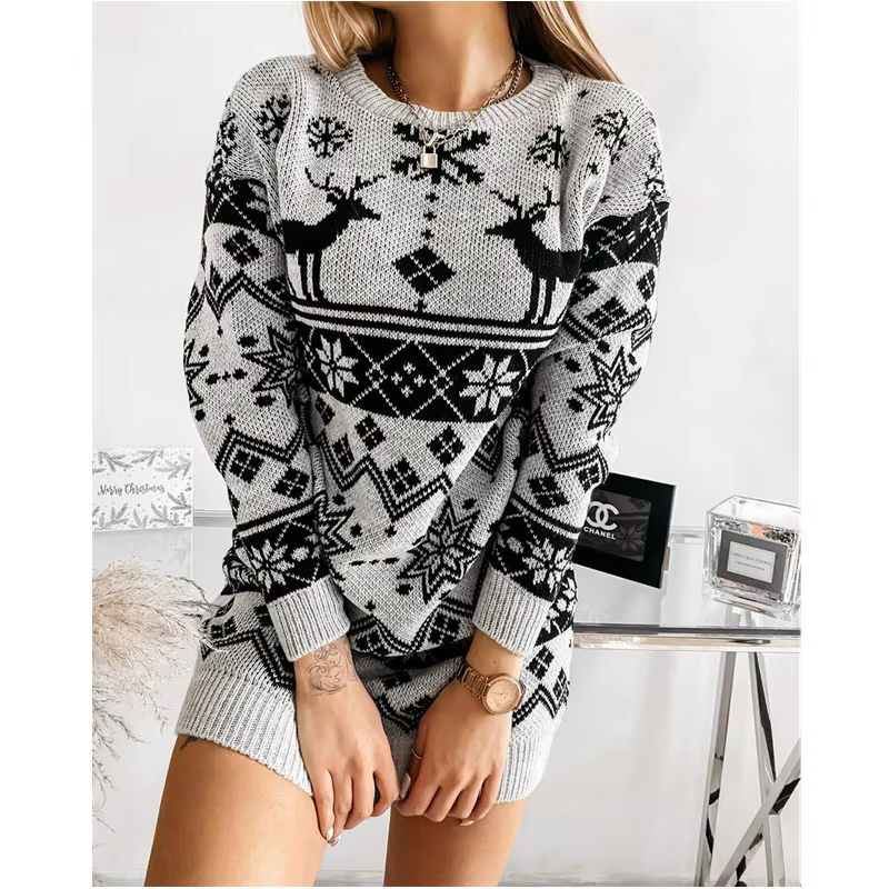 Pull En Maille Femme Damen Kleidungautomne et hiver thème de noël imprimé mi-long femmes à la mode polyvalent