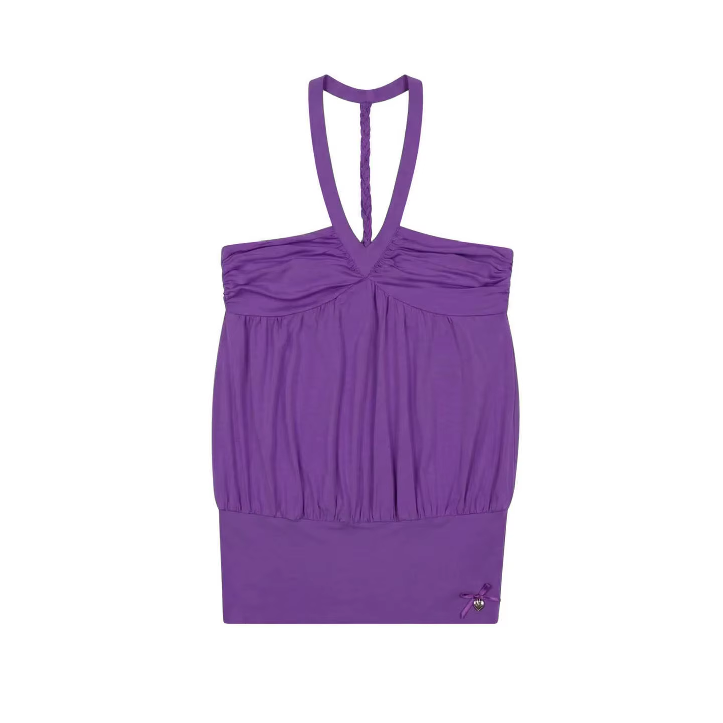 Haut jaune Niihai à col halter avec design plissé en V et gilet dos nu violet à lacets tressés