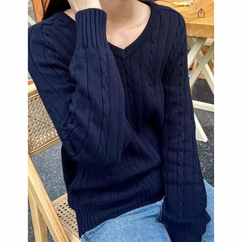Pull en tricot Brandy Mandy col V pour femme, bleu marine, acrylique-coton, pour les occasions spéciales et le quotidien