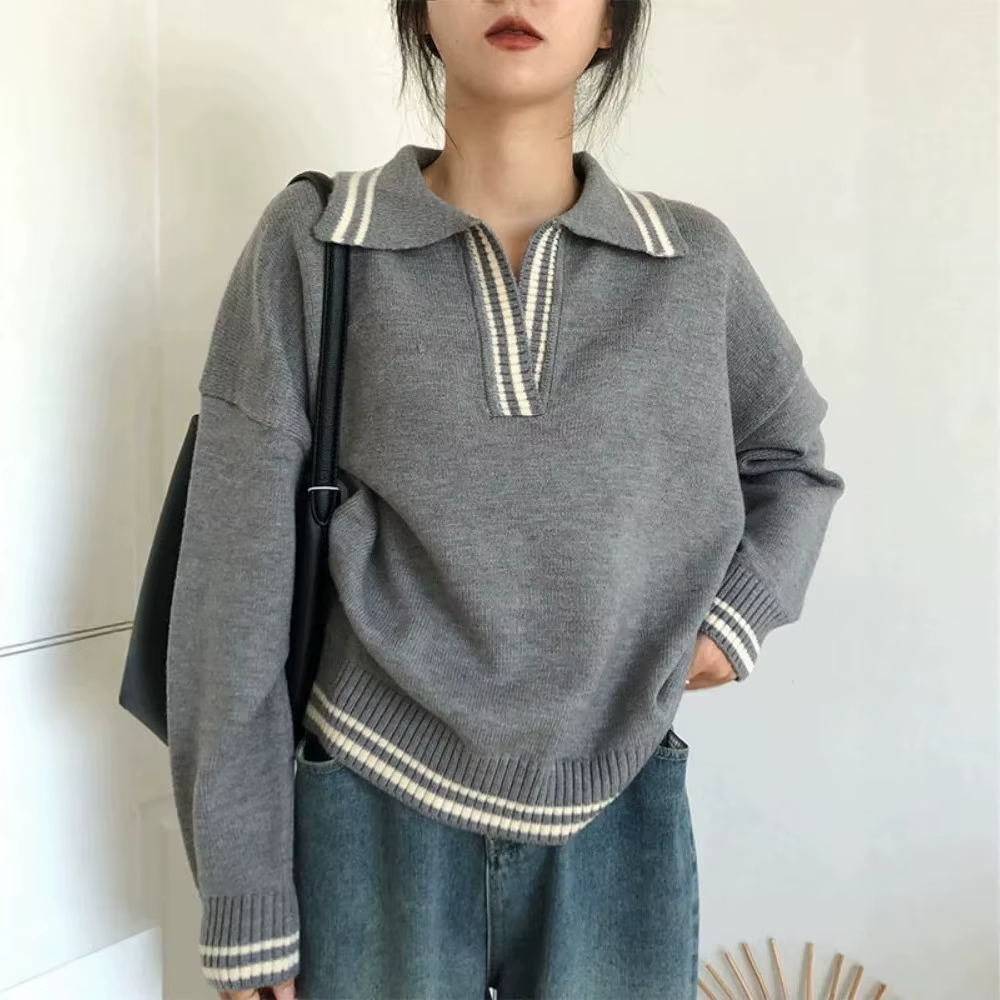 Pull en tricot à col polo coupe ample pour femme