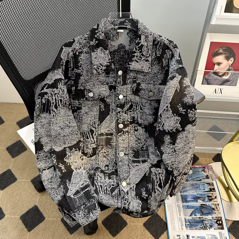 Veste en jean brodée de style punk pour hommes, veste en jean jacquard, vêtements d'automne et d'hiver, style européen, coupe décontractée