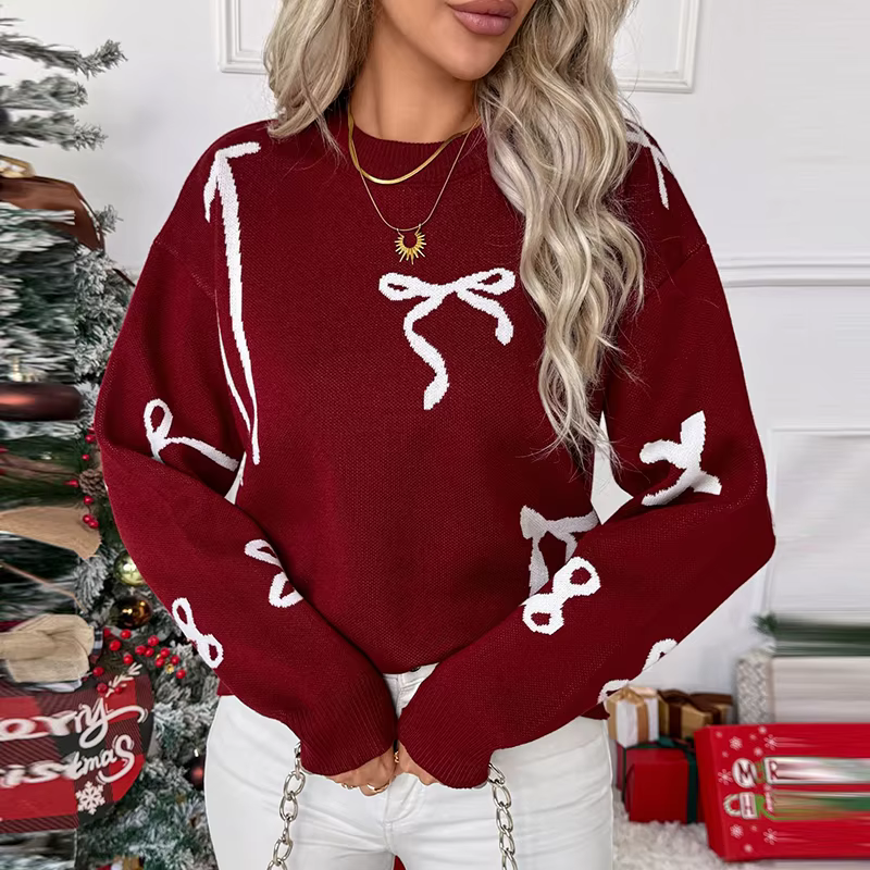 Pull de noël femmes décontracté col rond à manches longues imprimé chandails tricotés