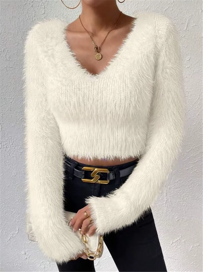 Pull en tricot uni pour femmes, col en V, coupe cintrée, fourrure courte, style bohème, nouvelle collection automne hiver 2025