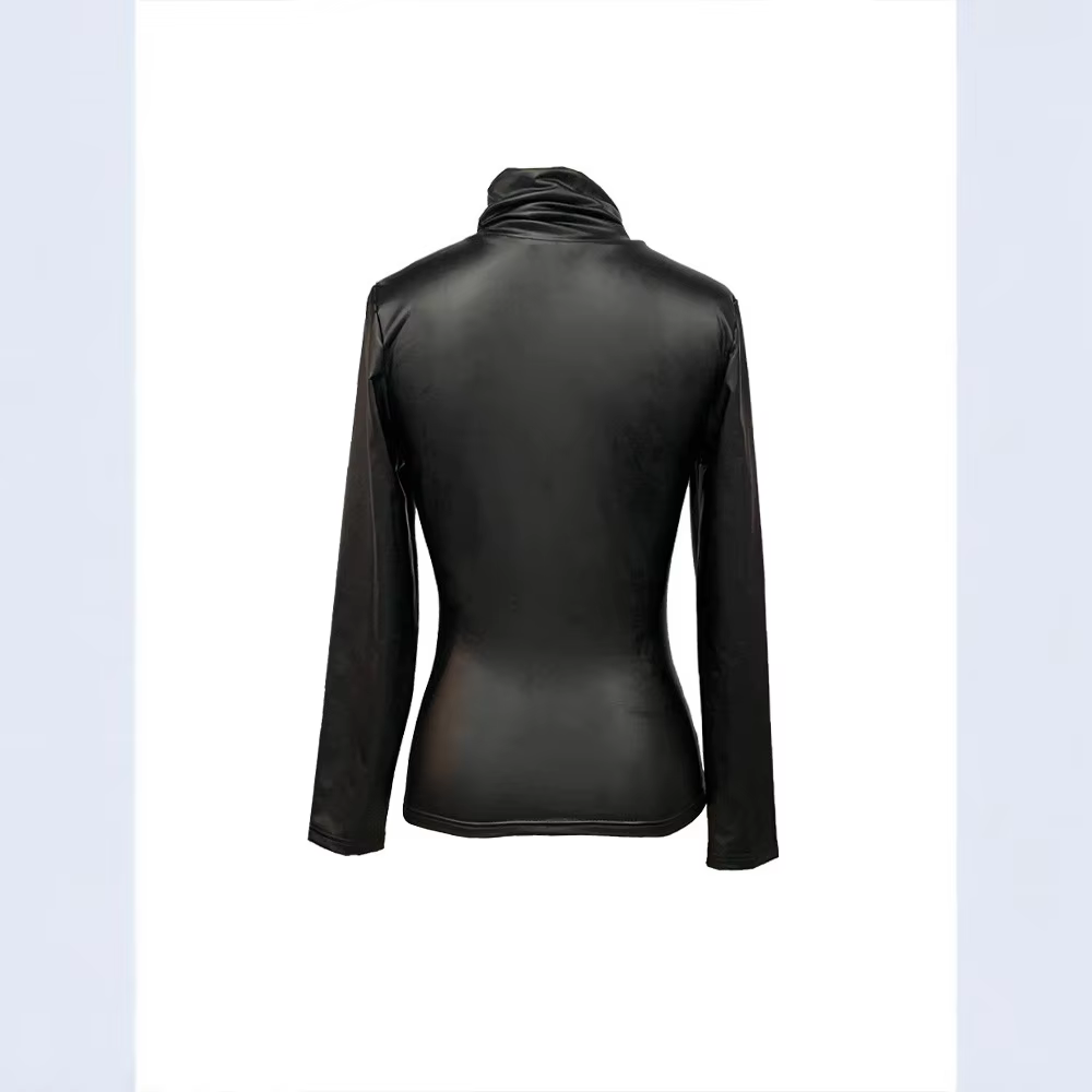 Blouse Femme Col Roulé en Similicuir Manches Longues Coupe Ajustée Couleur Unie – Hauts T-shirt