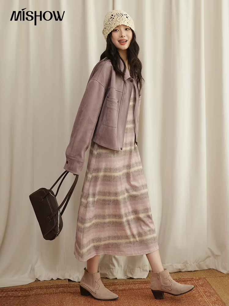 MISHOW rose violet rayé gilet longue robe pour les femmes automne 2025 sans manches a-ligne mince contrasté col rond