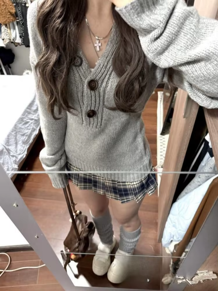Pull gris Aoaiiys tricoté pour femmes, élégant pull confortable vintage pour les occasions spéciales printemps-automne