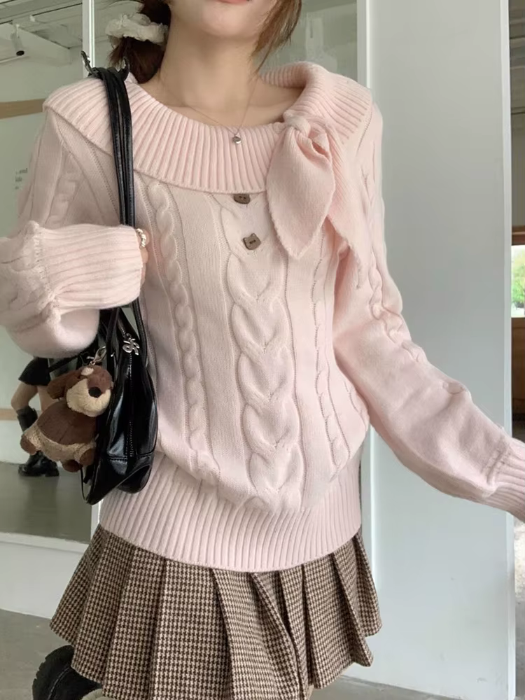 Femmes doux rose pull décontracté à manches longues mignon arc Vintage tricoté