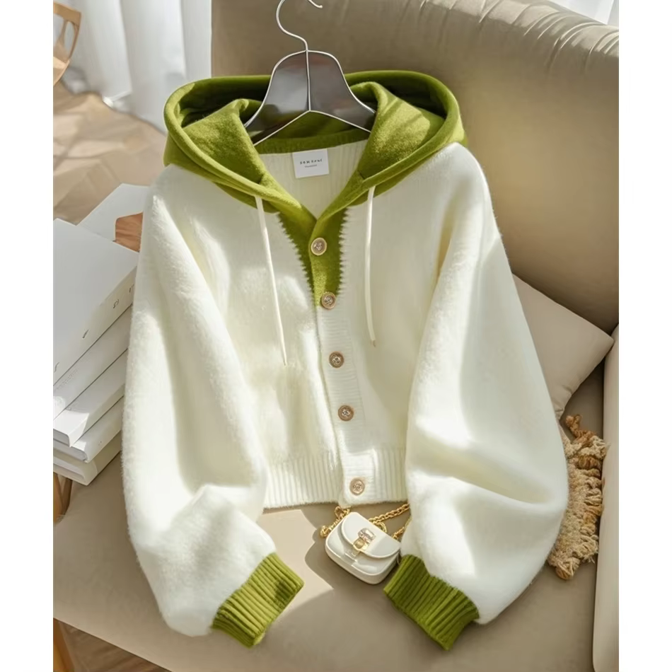 Cardigan tricoté à capuche épissé rose et blanc pour femme