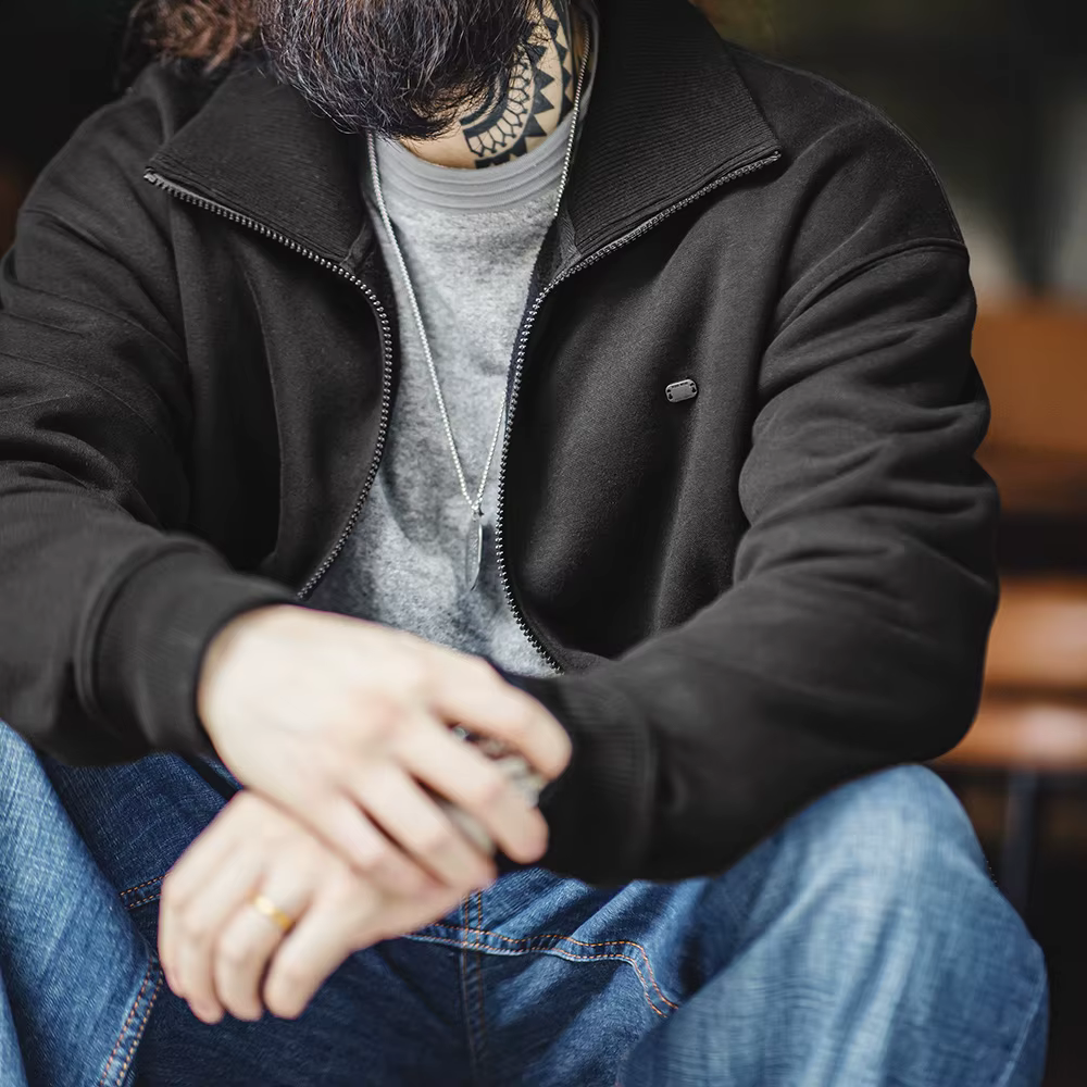 Maden Veste masculine à col haut chaude Doublure polaire épaisse vêtement extérieur Cardigan sportif style décontracté Veste tennis rétro