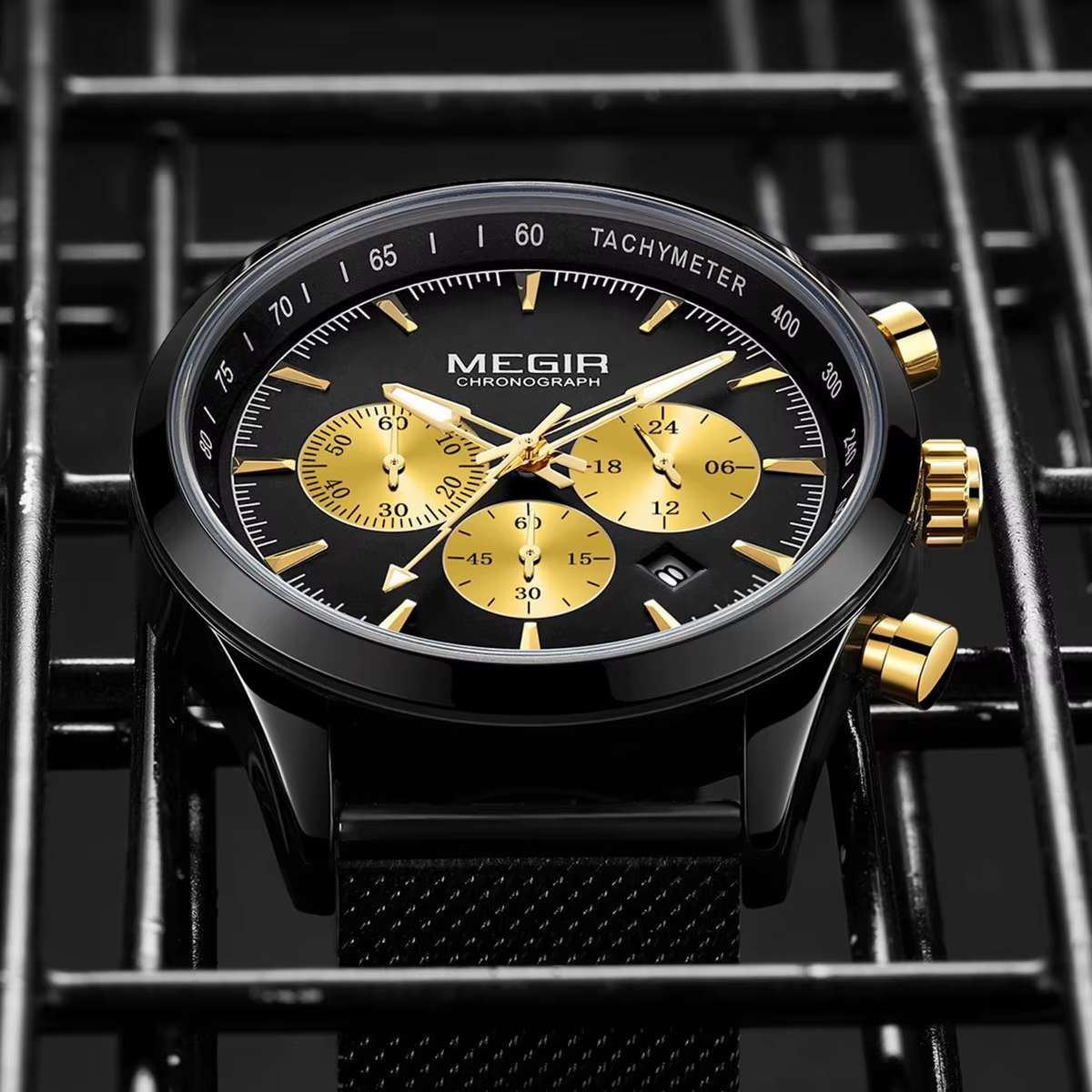 Montre chronographe sport pour homme MEGIR, mouvement à quartz, bracelet en acier maille, étanche, calendrier, montre-bracelet décontractée pour hommes, Reloj