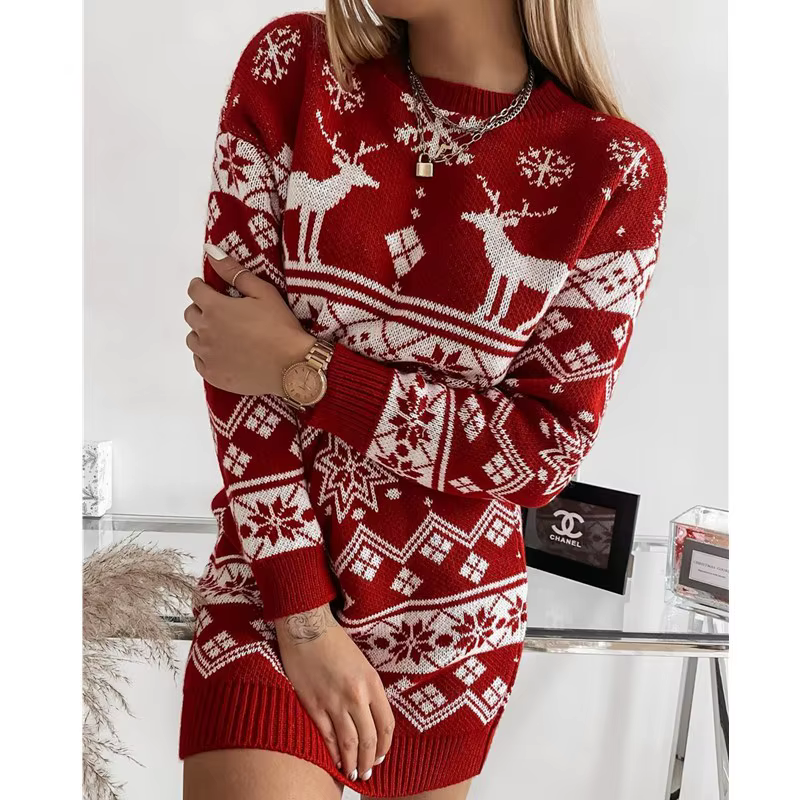 Pull En Maille Femme Damen Kleidungautomne et hiver thème de noël imprimé mi-long femmes à la mode polyvalent