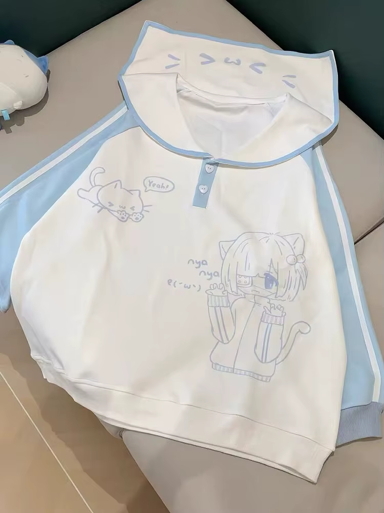 Sweat-shirts à col marin mignons pour femmes, à manches longues, style dessin animé Kawaii, pull-over tendance, coupe ample, style preppy doux, hauts rayés pour l'automne