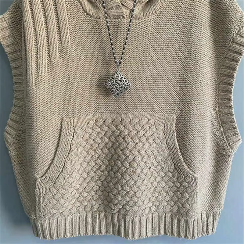 2025 automne hiver sans manches réduction de l'âge dames tricoté pull gilet veste à capuche loisirs couleur unie femmes
