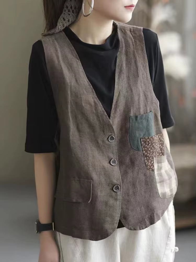 Gilets femmes Patchwork poches Vintage rétro respirant décontracté Chic Design élégant mode Style coréen vêtements de rue Ins nouveau confortable