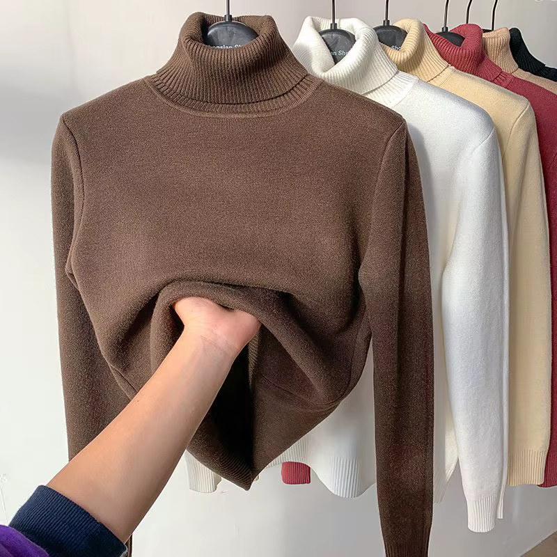 Pulls à col haut avec doublure épaisse en peluche pour femmes