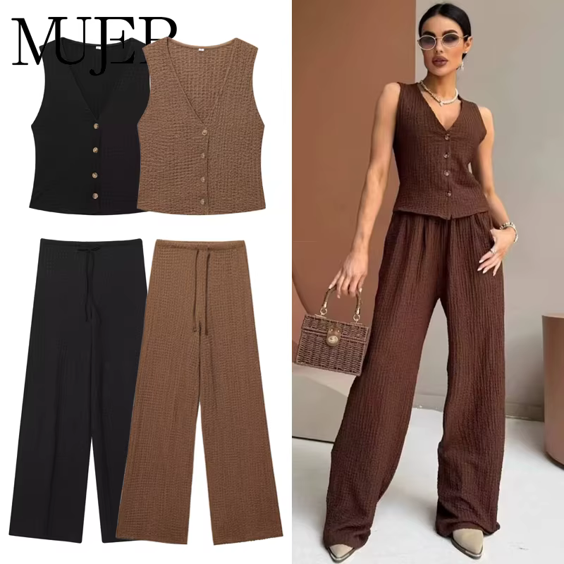 MUJER femmes pantalons ensembles texturés taille haute pantalons ensembles pour femmes 2 pièces sans manches gilet femme tenue dame ensembles femmes costumes