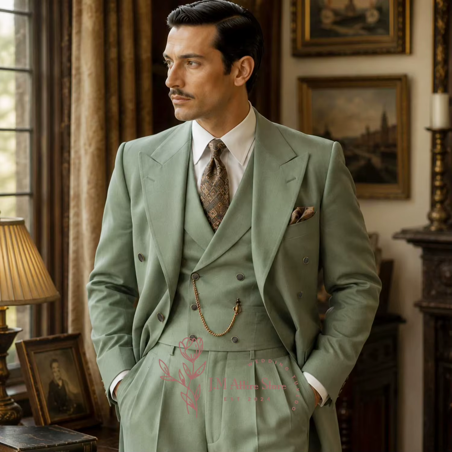 Costume 3 pièces vert sauge vintage pour garçons d'honneur, veste à revers Peaky, gilet et pantalon croisé, vêtements de mariage personnalisés pour hommes