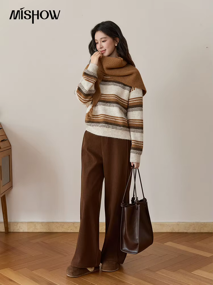 MISHOW femmes laine mélange rétro rayé pull avec écharpe ensemble 2025 hiver tricoté col rond chaud lâche chandails MXE94Z2987